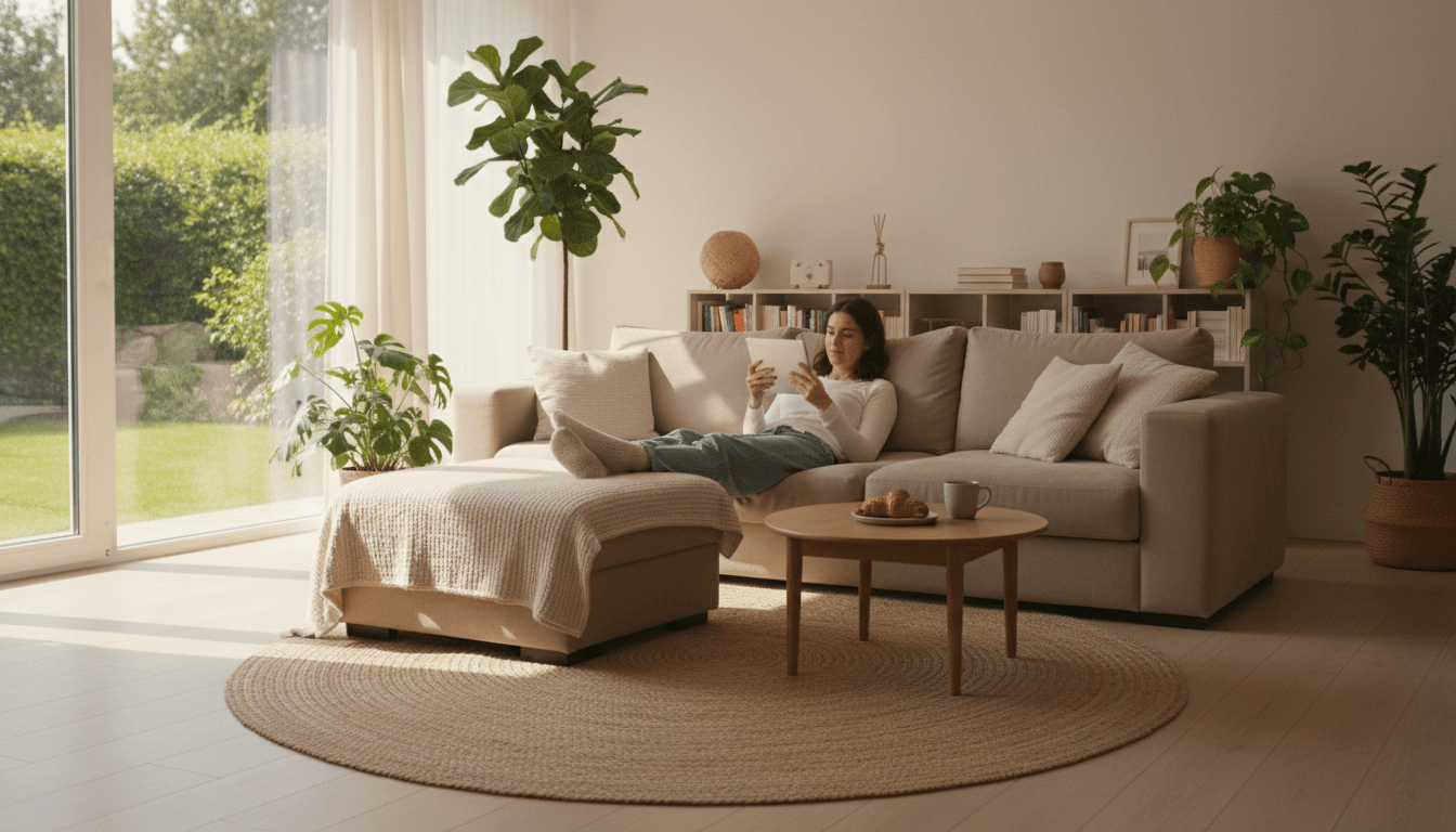 Person relaxing with a tablet on a comfortable couch in a bright living room