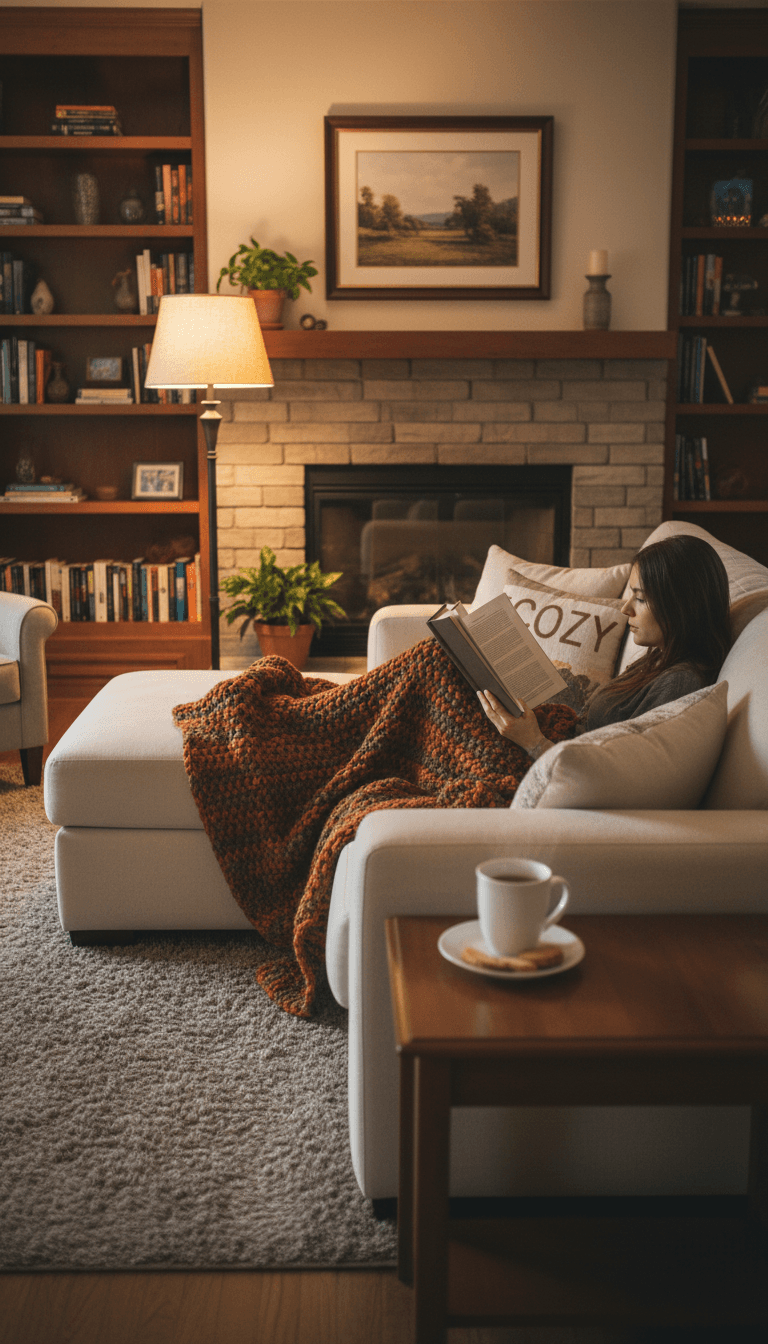 Person reading a book at home in a cozy living room