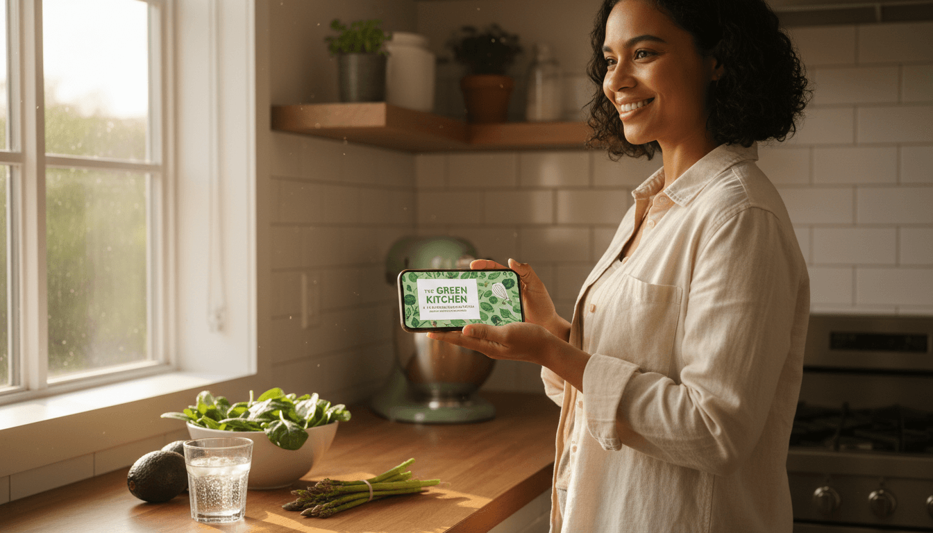 Person holding a phone with an ebook cover in a bright kitchen