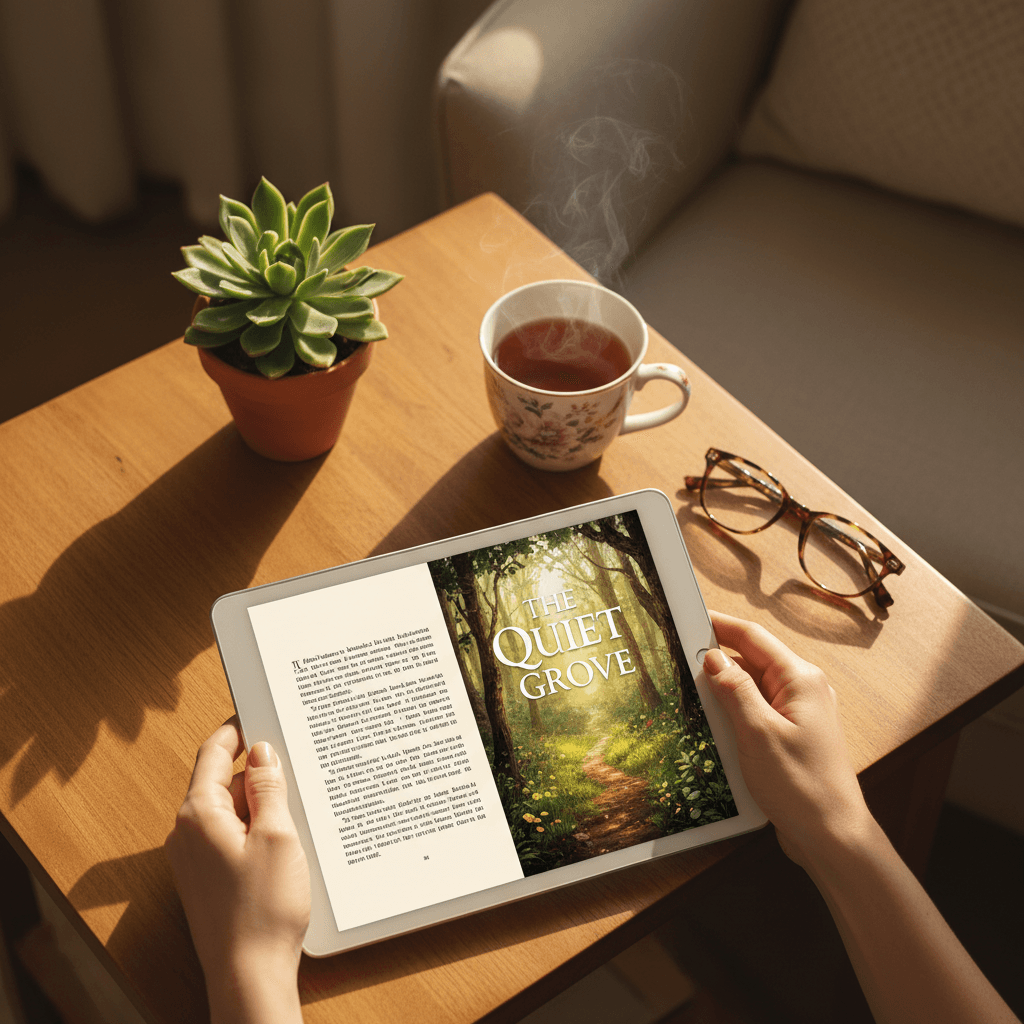 Reader enjoying the ebook on a tablet at home