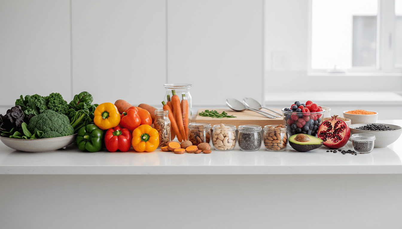 Fresh vegetables and fruits on a wooden kitchen table