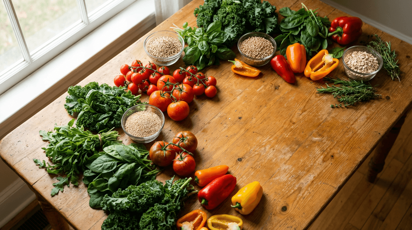 Open book with healthy fresh vegetables and fruit on wooden table