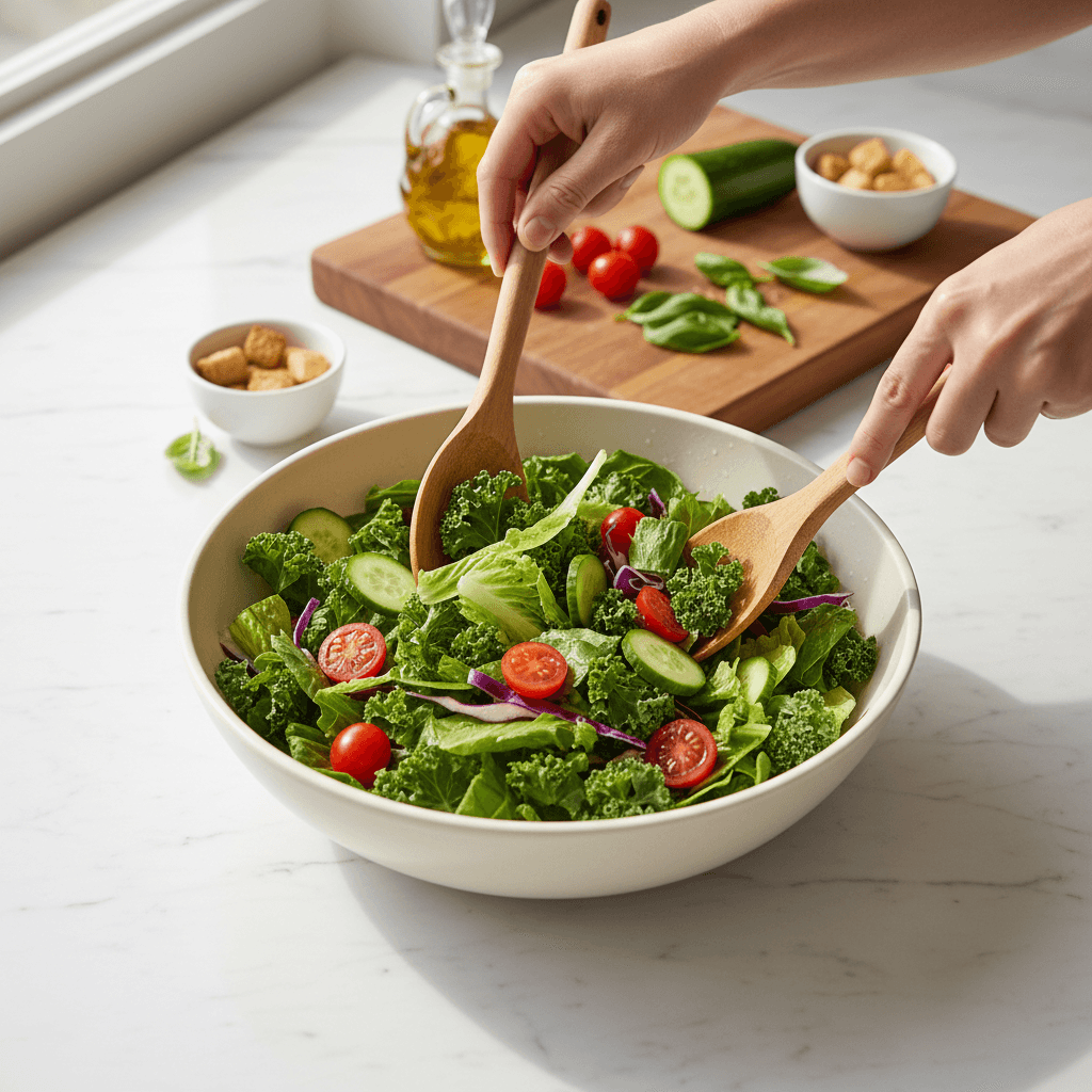 An open recipe book on a kitchen counter surrounded by fresh vegetables and ingredients