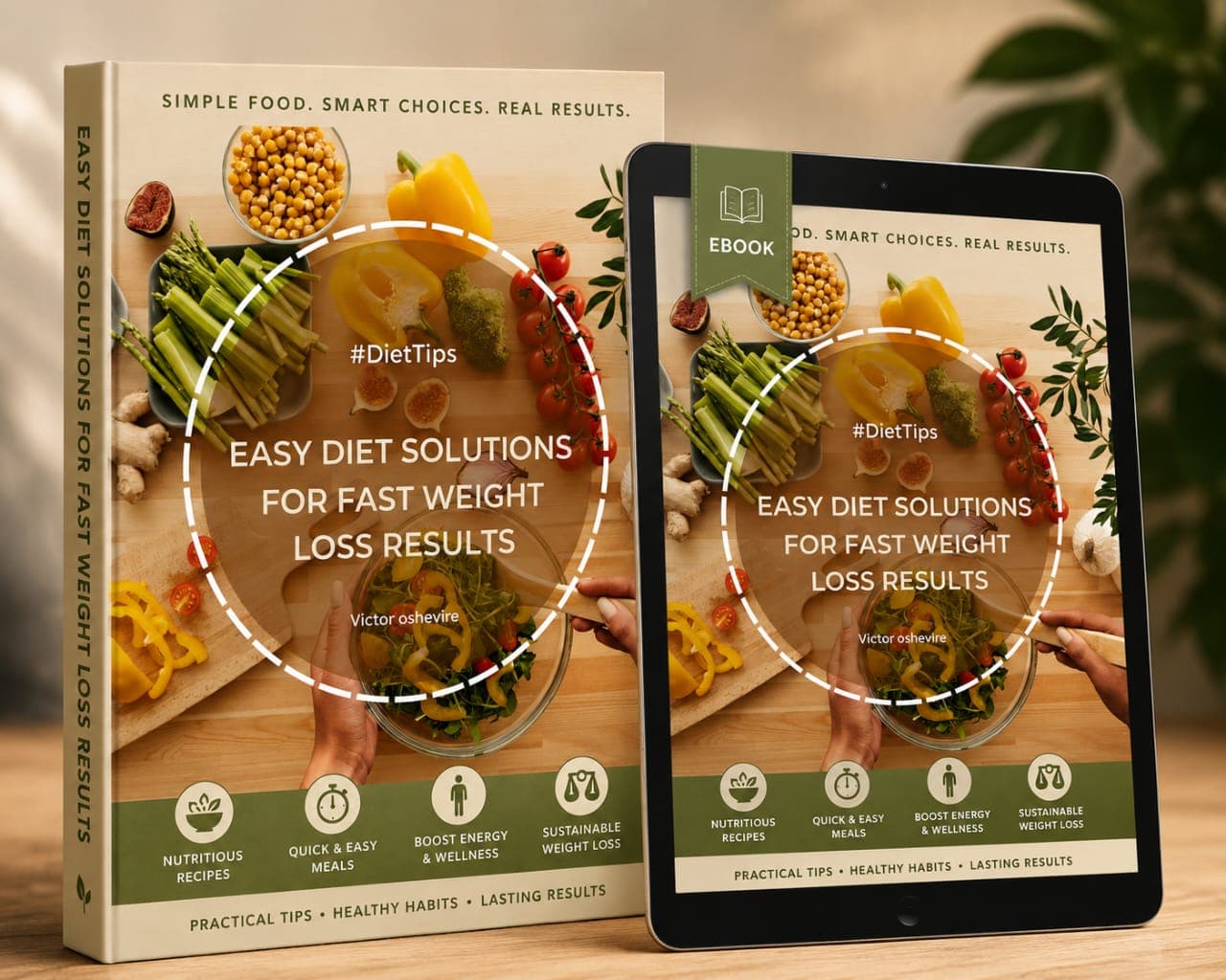 Physical book and tablet displaying the Easy Diet Solutions weight loss ebook with fresh vegetables.